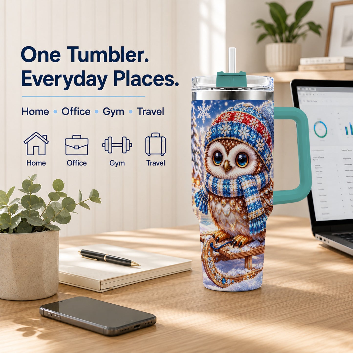 #pl[40oz|Green] Ornate Owl 40oz Tumbler with Handle, Winter Stainless Steel Cup