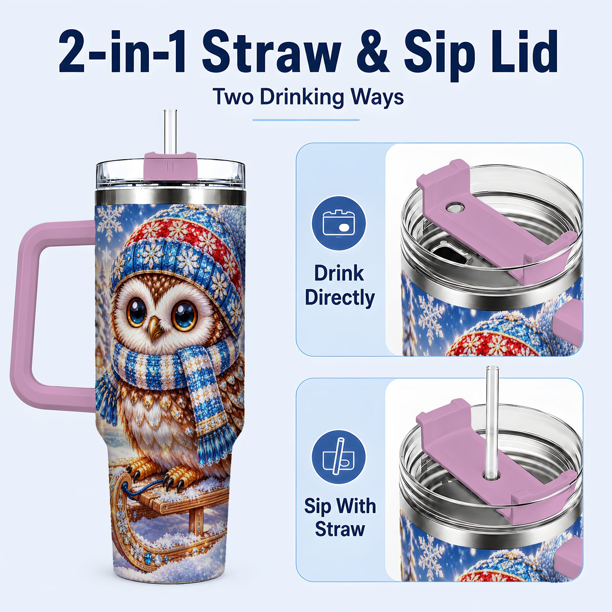 #pl[40oz|Pink] Ornate Owl 40oz Tumbler with Handle, Winter Stainless Steel Cup