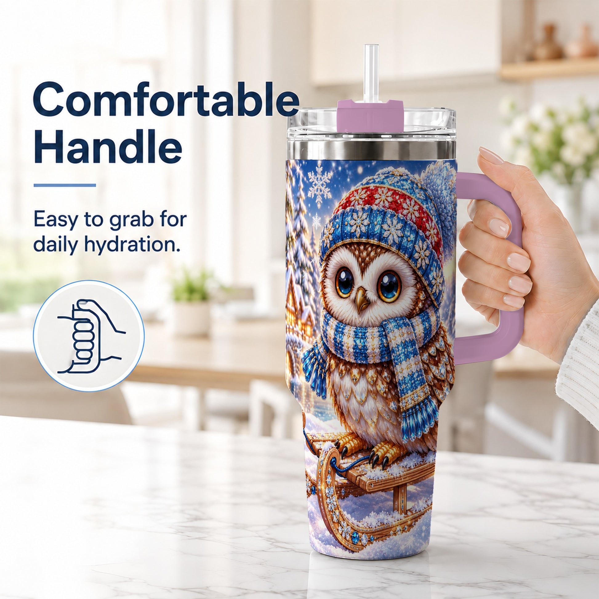 #pl[40oz|Pink] Ornate Owl 40oz Tumbler with Handle, Winter Stainless Steel Cup