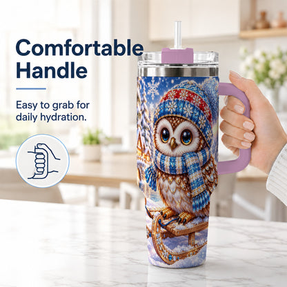 #pl[40oz|Pink] Ornate Owl 40oz Tumbler with Handle, Winter Stainless Steel Cup