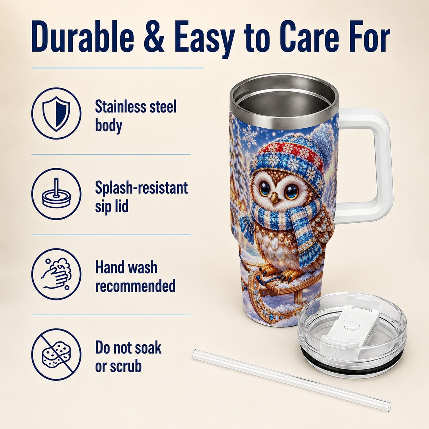 #pl[40oz|White] Ornate Owl 40oz Tumbler with Handle, Winter Stainless Steel Cup