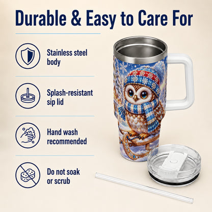 #pl[40oz|White] Ornate Owl 40oz Tumbler with Handle, Winter Stainless Steel Cup