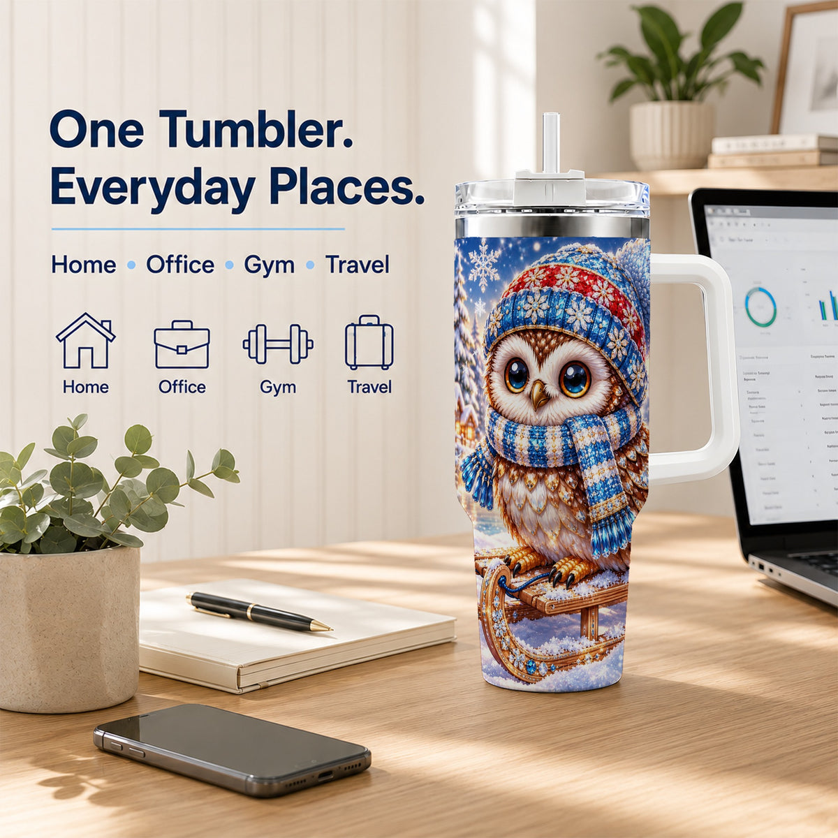 #pl[40oz|White] Ornate Owl 40oz Tumbler with Handle, Winter Stainless Steel Cup