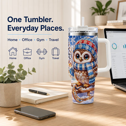 #pl[40oz|White] Ornate Owl 40oz Tumbler with Handle, Winter Stainless Steel Cup