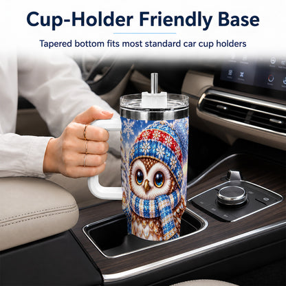 #pl[40oz|White] Ornate Owl 40oz Tumbler with Handle, Winter Stainless Steel Cup