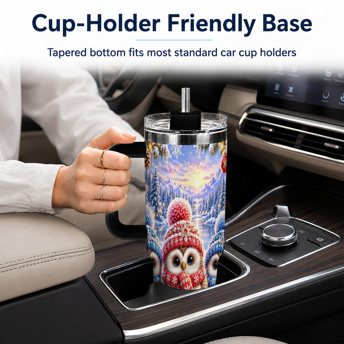 #pl[40oz|Black] Christmas Owl Trio 40oz Tumbler with Handle, Winter Stainless Steel Cup