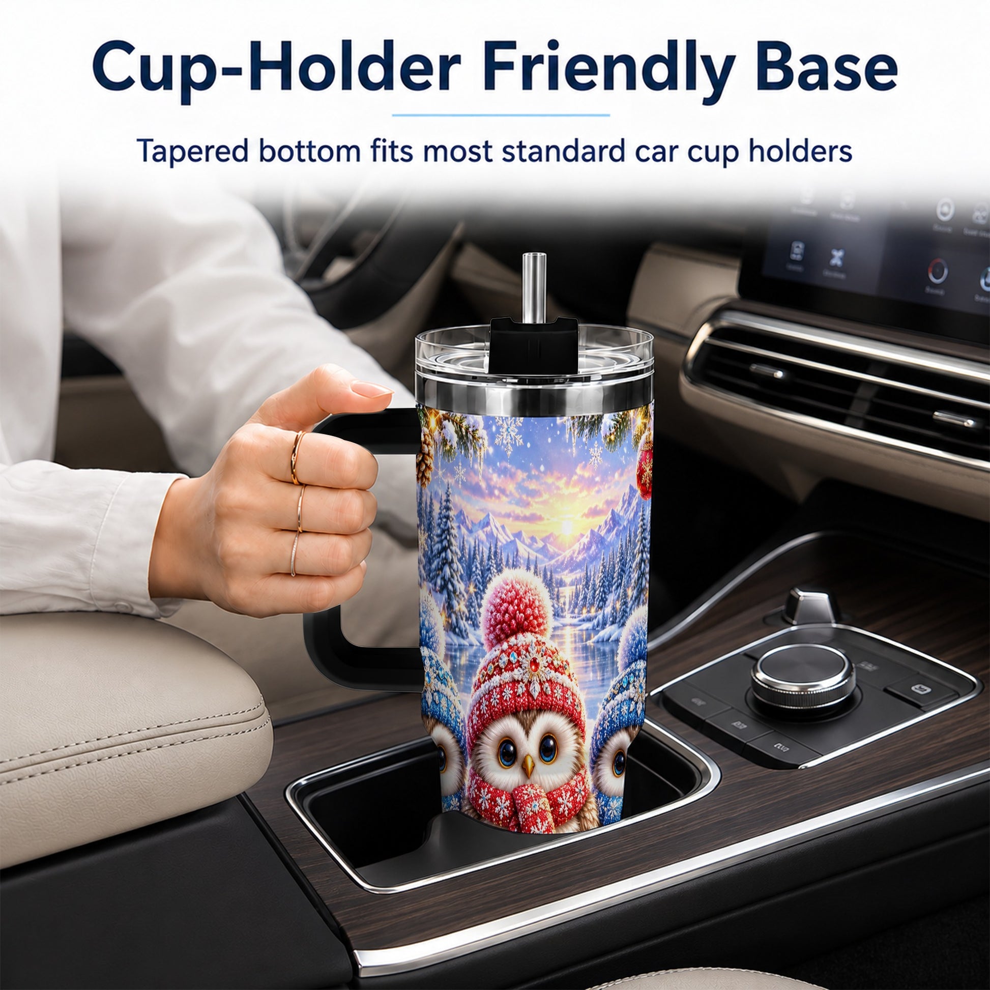 #pl[40oz|Black] Christmas Owl Trio 40oz Tumbler with Handle, Winter Stainless Steel Cup