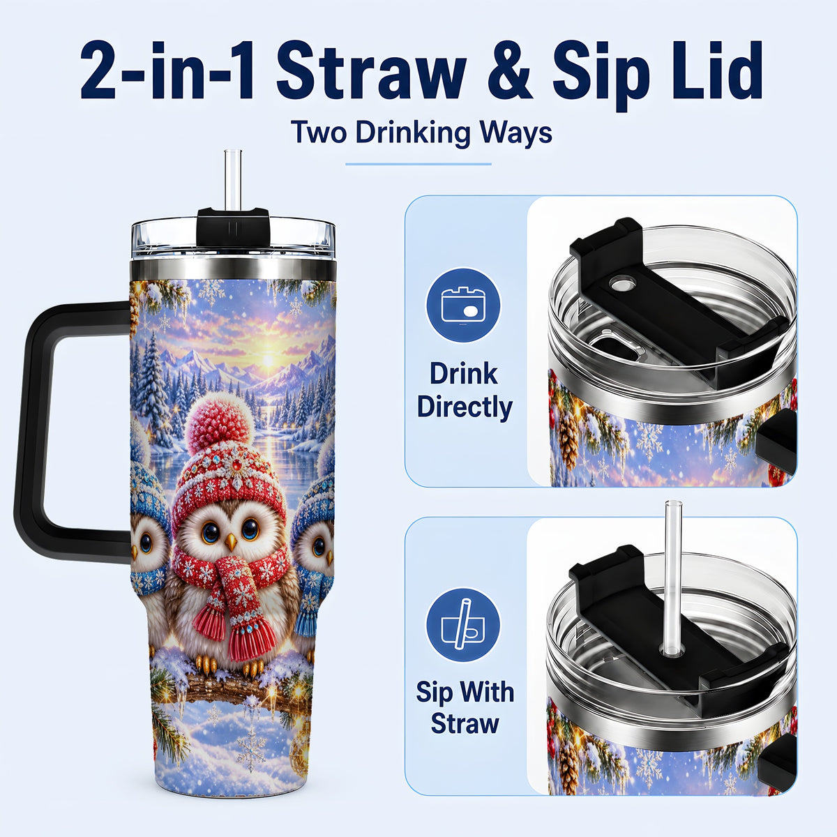 #pl[40oz|Black] Christmas Owl Trio 40oz Tumbler with Handle, Winter Stainless Steel Cup