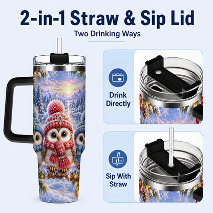 #pl[40oz|Black] Christmas Owl Trio 40oz Tumbler with Handle, Winter Stainless Steel Cup