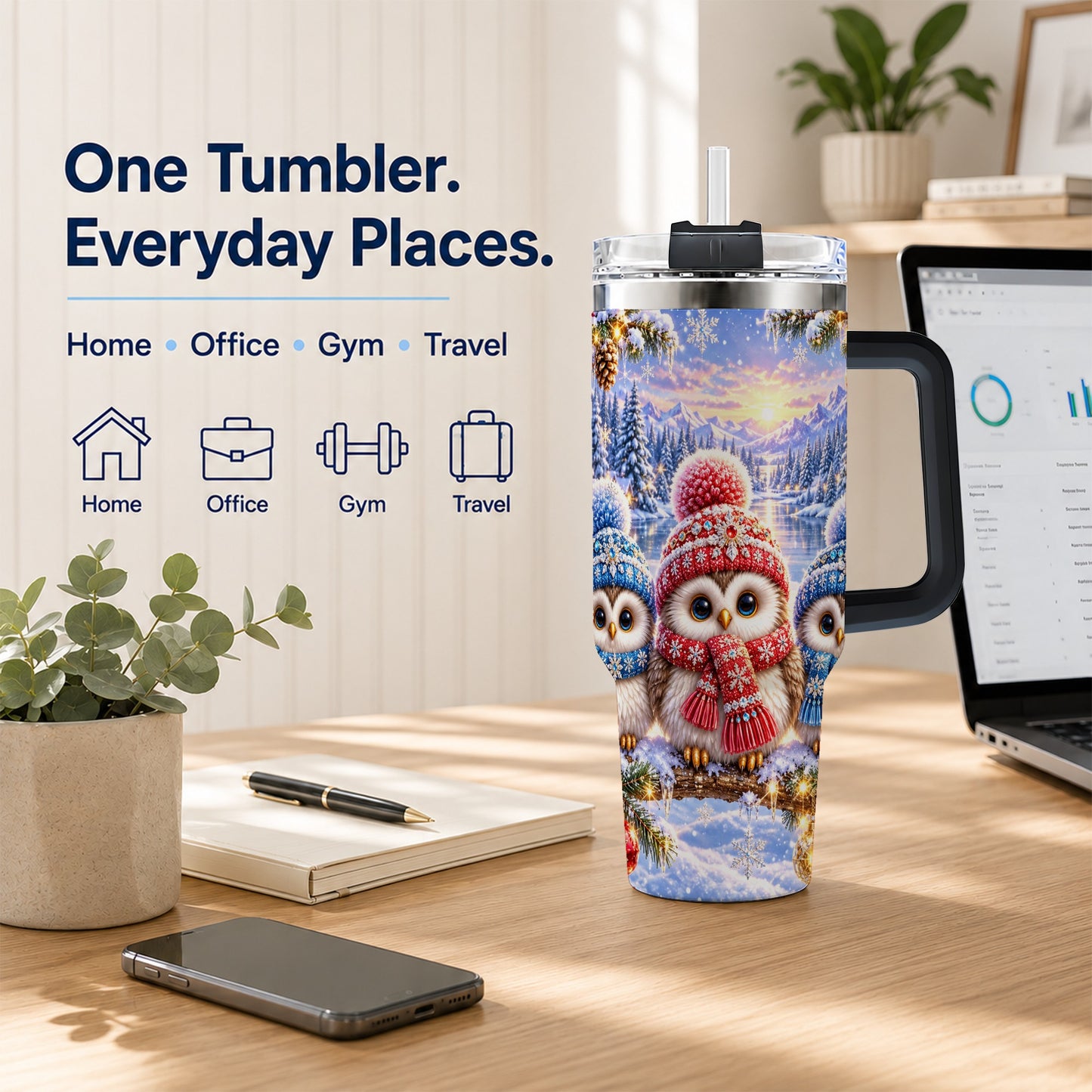 #pl[40oz|Black] Christmas Owl Trio 40oz Tumbler with Handle, Winter Stainless Steel Cup