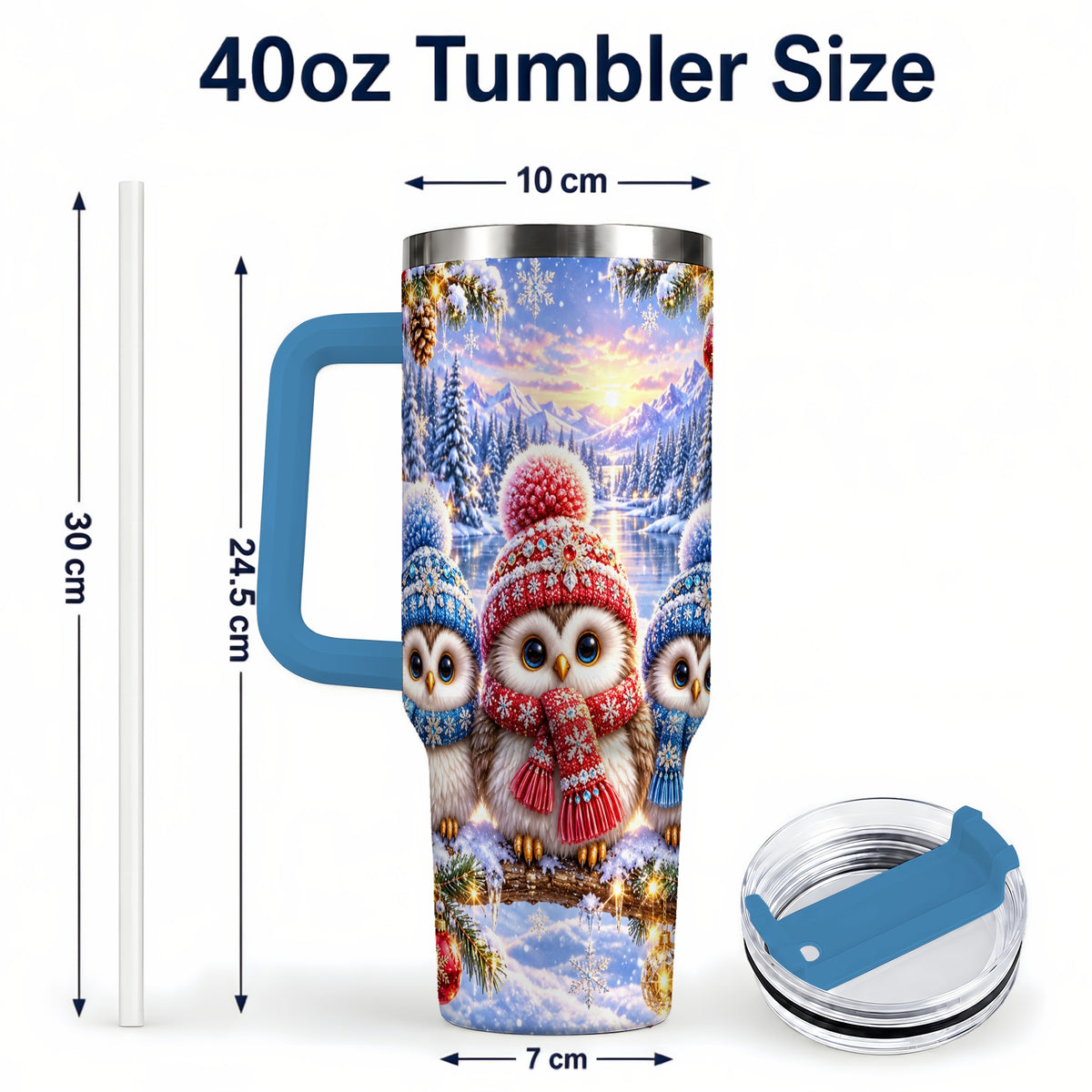 #pl[40oz|Blue] Christmas Owl Trio 40oz Tumbler with Handle, Winter Stainless Steel Cup