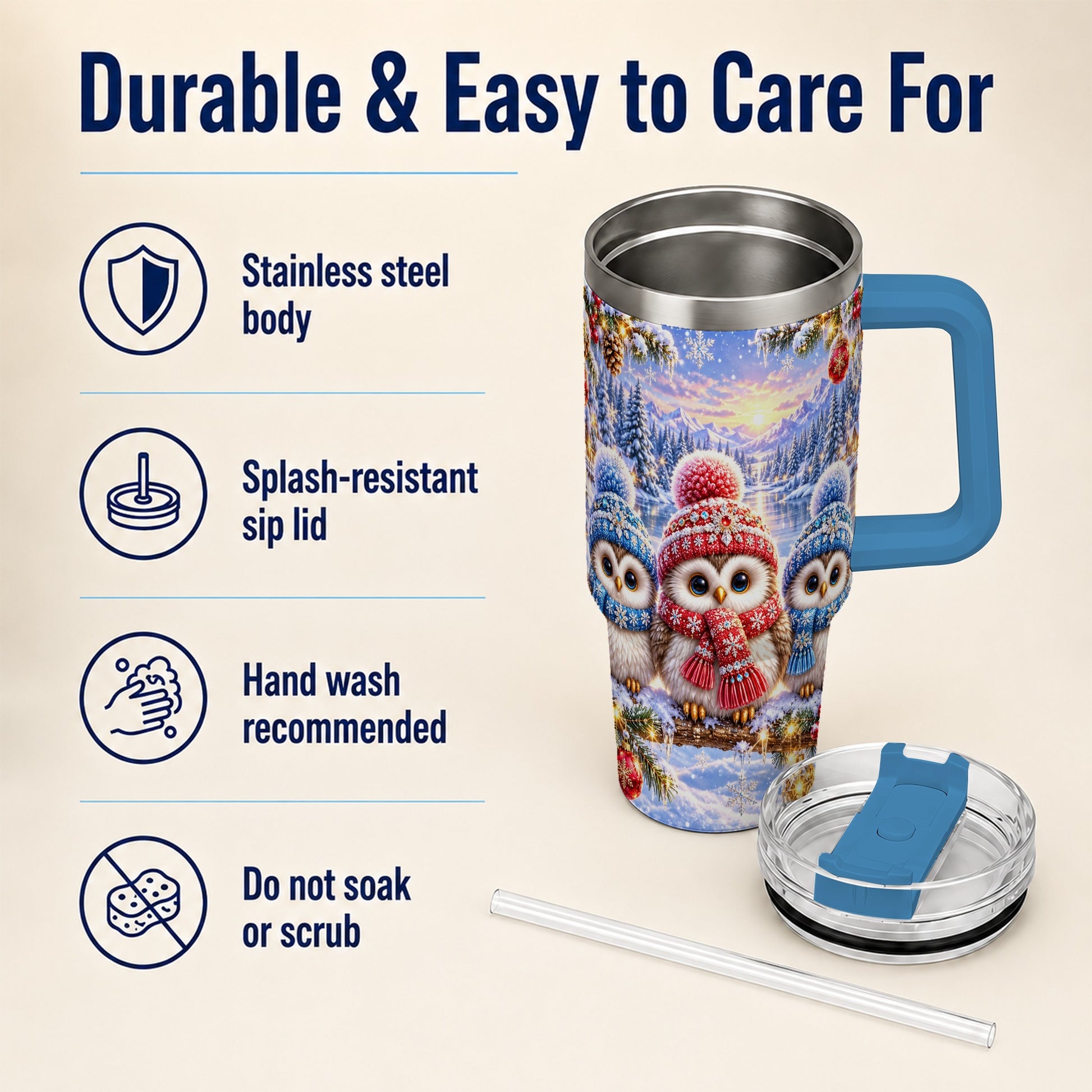 #pl[40oz|Blue] Christmas Owl Trio 40oz Tumbler with Handle, Winter Stainless Steel Cup