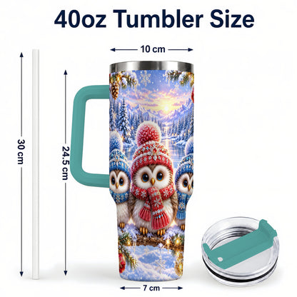 #pl[40oz|Green] Christmas Owl Trio 40oz Tumbler with Handle, Winter Stainless Steel Cup