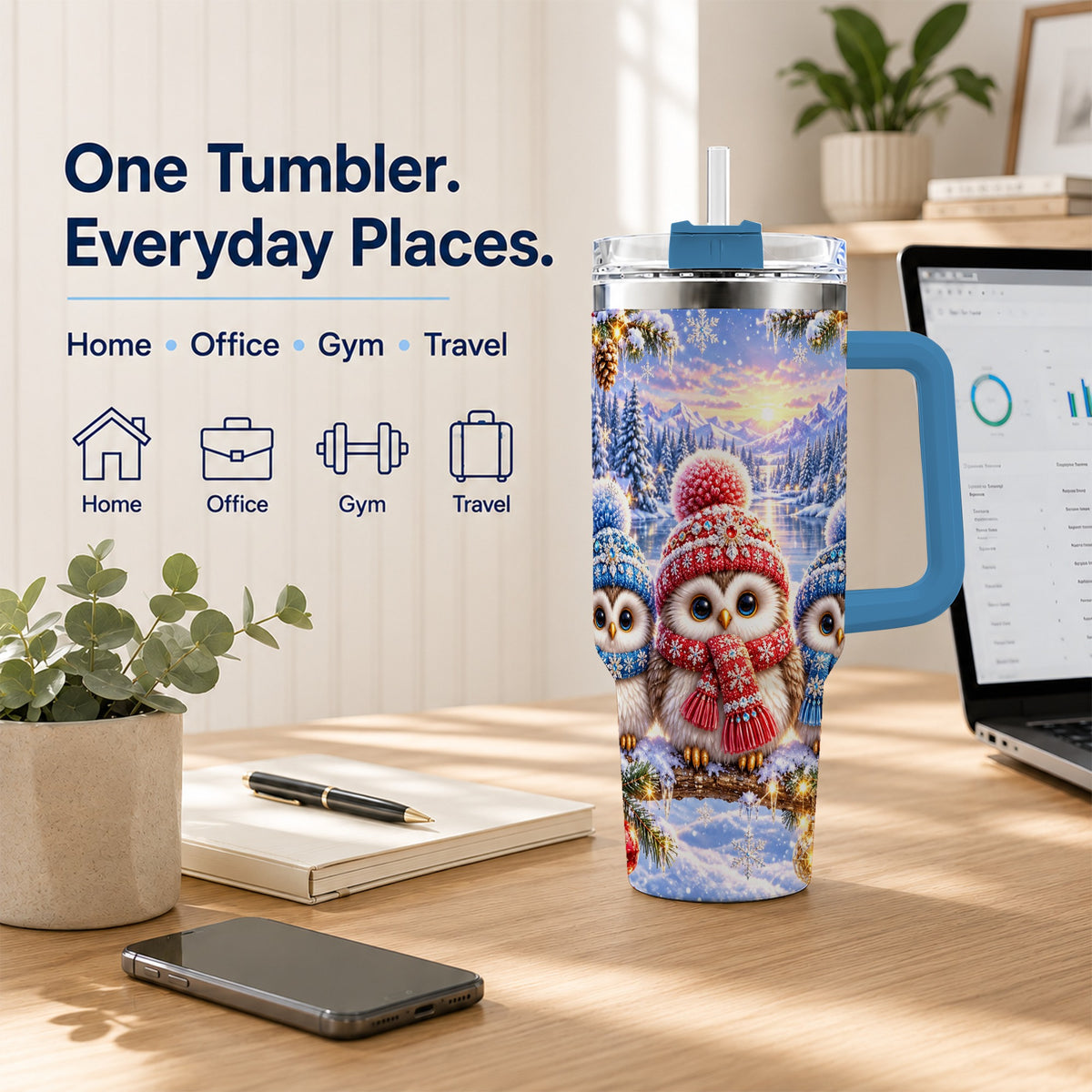 #pl[40oz|Blue] Christmas Owl Trio 40oz Tumbler with Handle, Winter Stainless Steel Cup