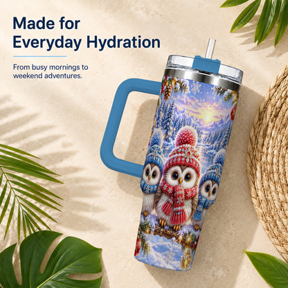 #pl[40oz|Blue] Christmas Owl Trio 40oz Tumbler with Handle, Winter Stainless Steel Cup