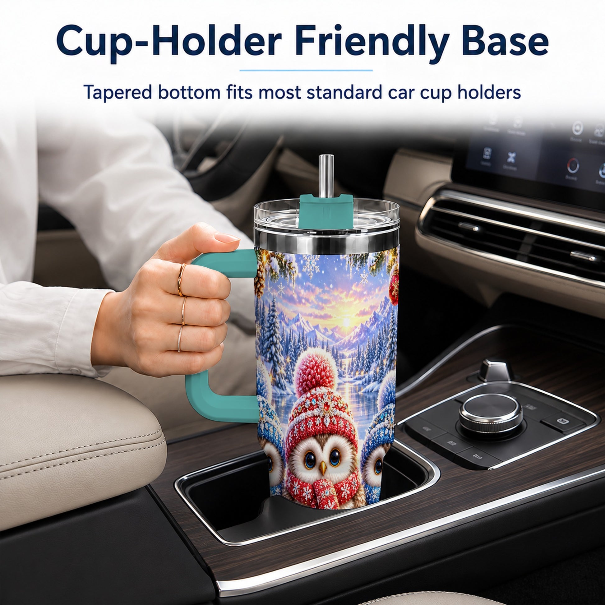 #pl[40oz|Green] Christmas Owl Trio 40oz Tumbler with Handle, Winter Stainless Steel Cup