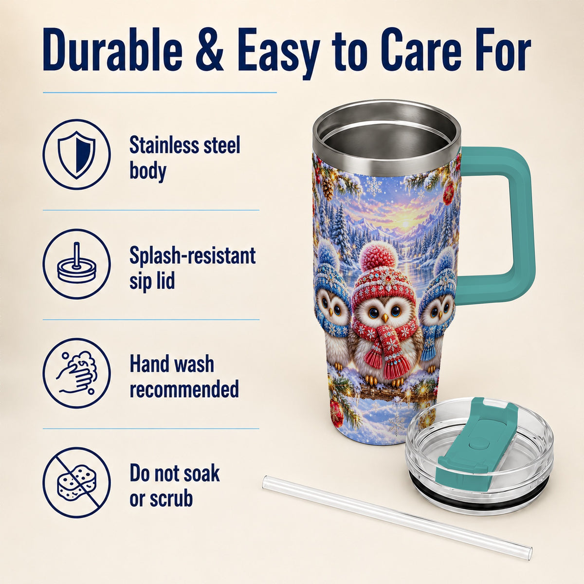 #pl[40oz|Green] Christmas Owl Trio 40oz Tumbler with Handle, Winter Stainless Steel Cup