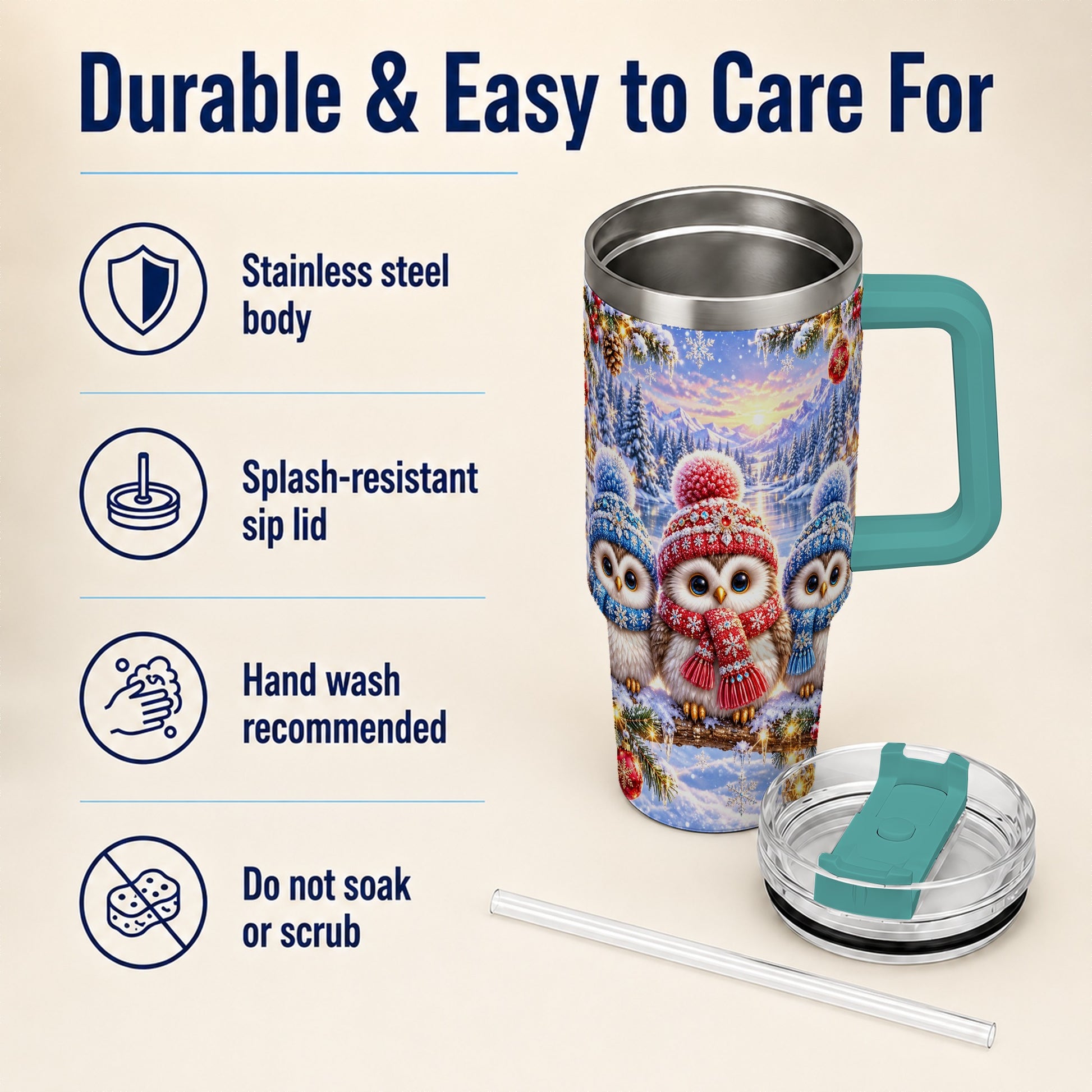 #pl[40oz|Green] Christmas Owl Trio 40oz Tumbler with Handle, Winter Stainless Steel Cup