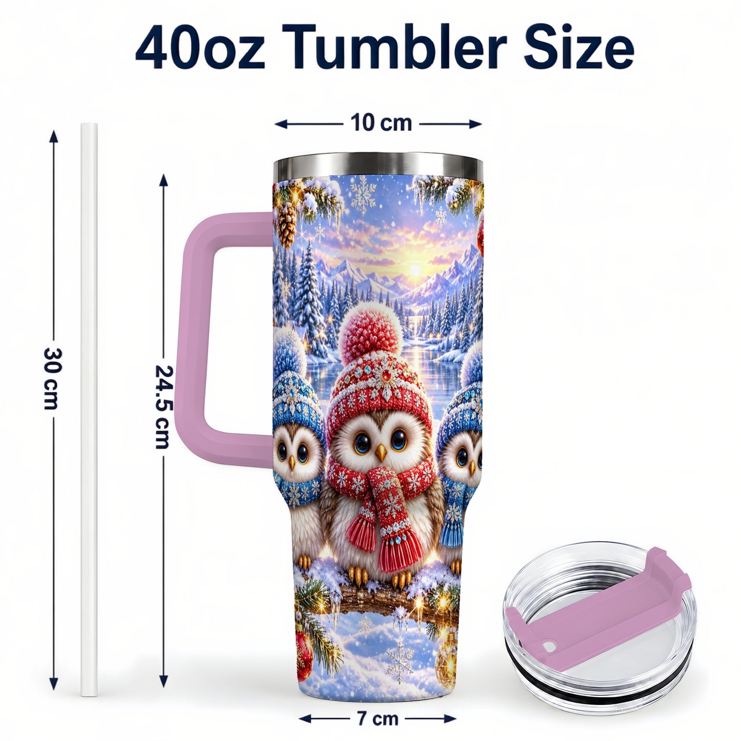 #pl[40oz|Pink] Christmas Owl Trio 40oz Tumbler with Handle, Winter Stainless Steel Cup