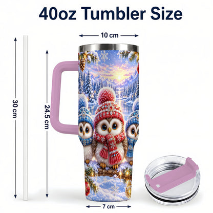 #pl[40oz|Pink] Christmas Owl Trio 40oz Tumbler with Handle, Winter Stainless Steel Cup