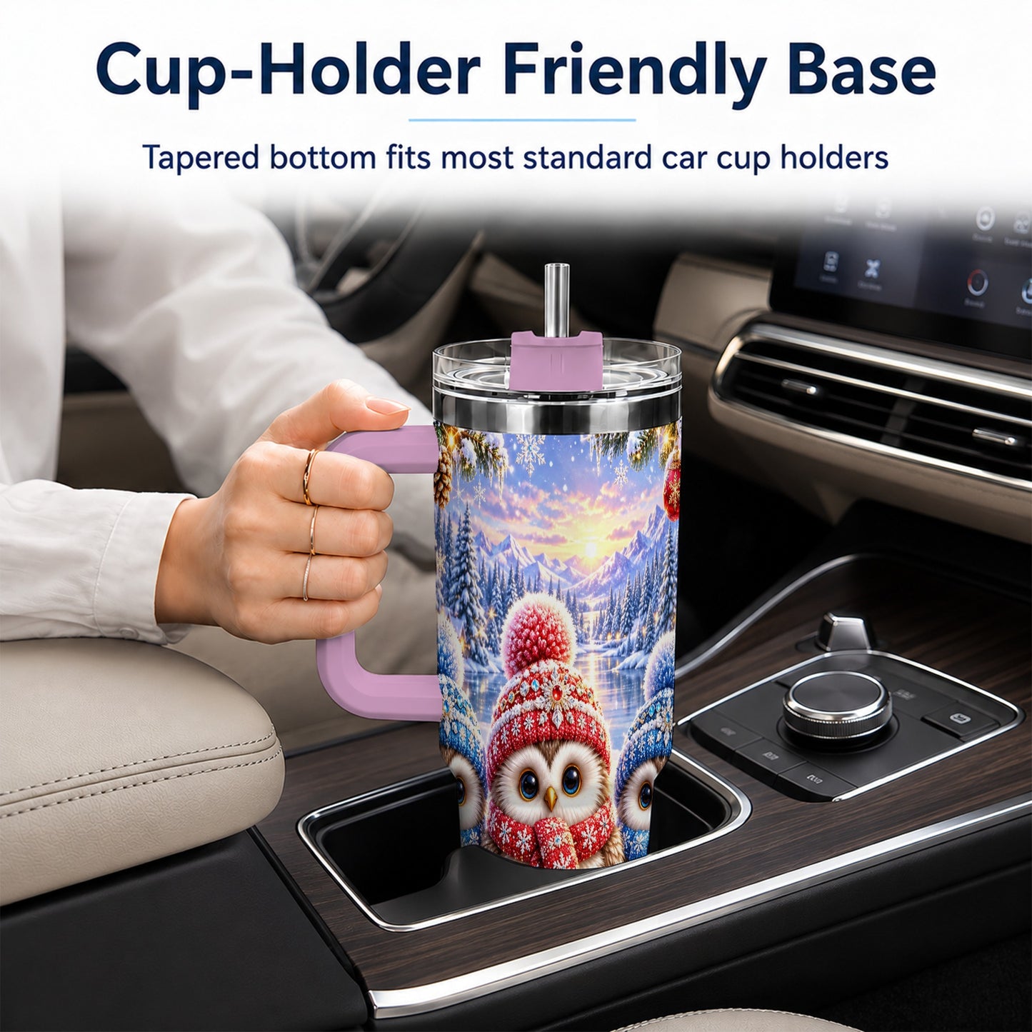 #pl[40oz|Pink] Christmas Owl Trio 40oz Tumbler with Handle, Winter Stainless Steel Cup