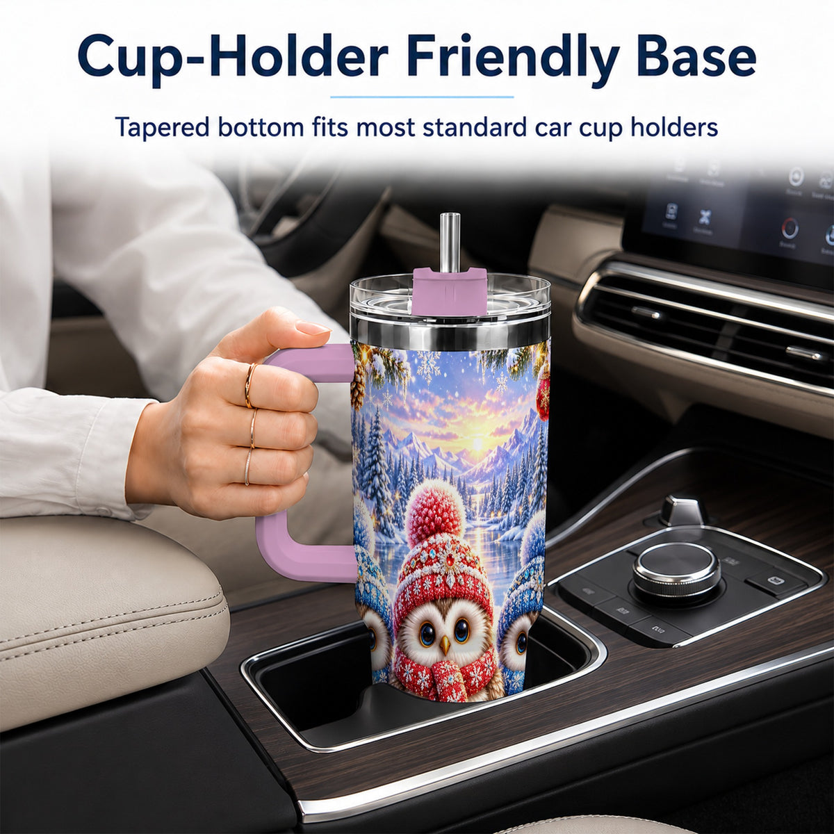 #pl[40oz|Pink] Christmas Owl Trio 40oz Tumbler with Handle, Winter Stainless Steel Cup