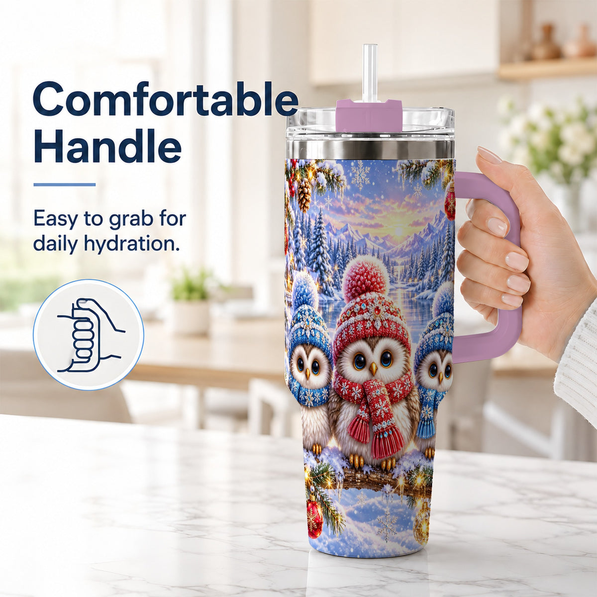 #pl[40oz|Pink] Christmas Owl Trio 40oz Tumbler with Handle, Winter Stainless Steel Cup