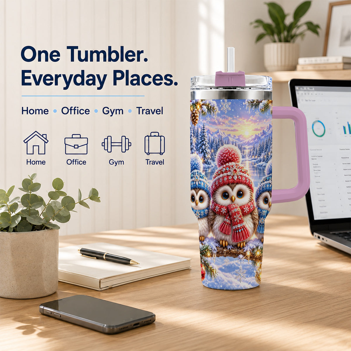 #pl[40oz|Pink] Christmas Owl Trio 40oz Tumbler with Handle, Winter Stainless Steel Cup