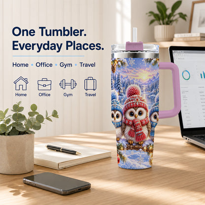 #pl[40oz|Pink] Christmas Owl Trio 40oz Tumbler with Handle, Winter Stainless Steel Cup