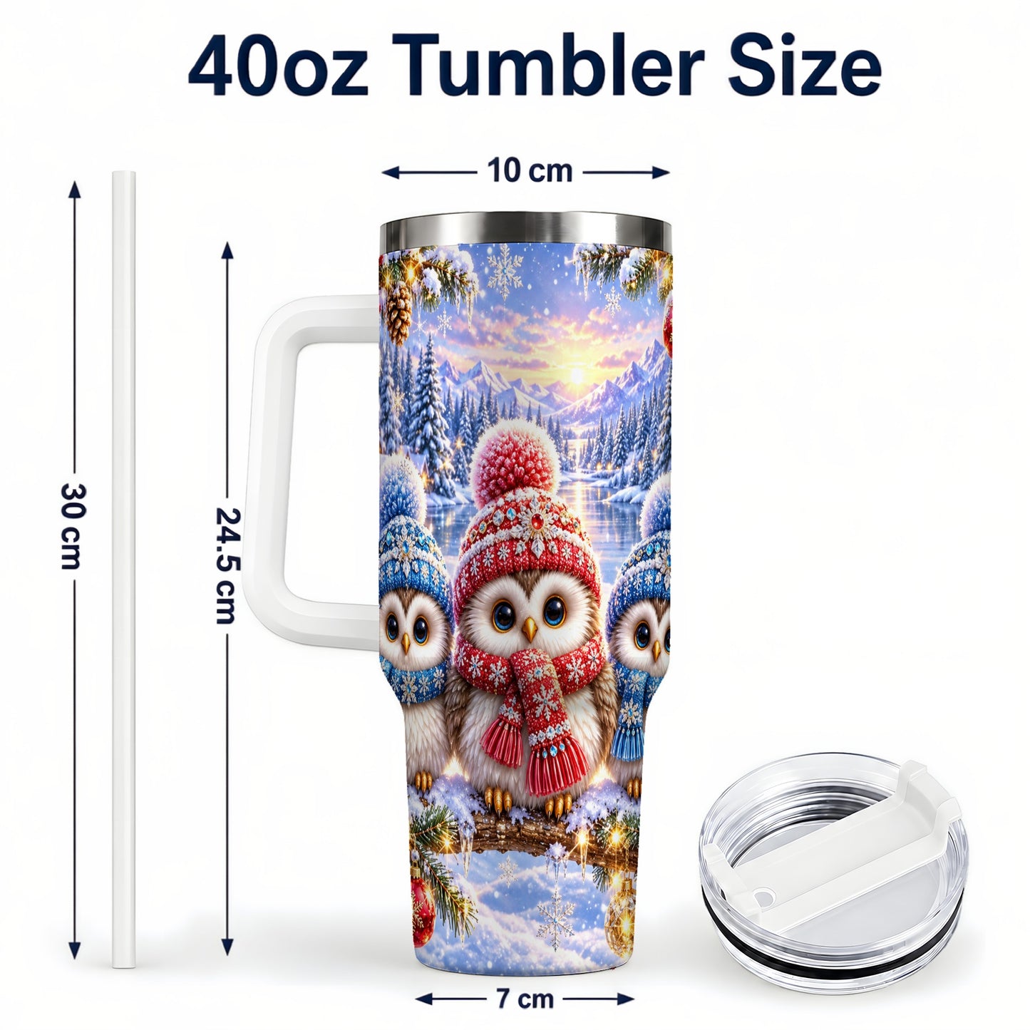 #pl[40oz|White] Christmas Owl Trio 40oz Tumbler with Handle, Winter Stainless Steel Cup