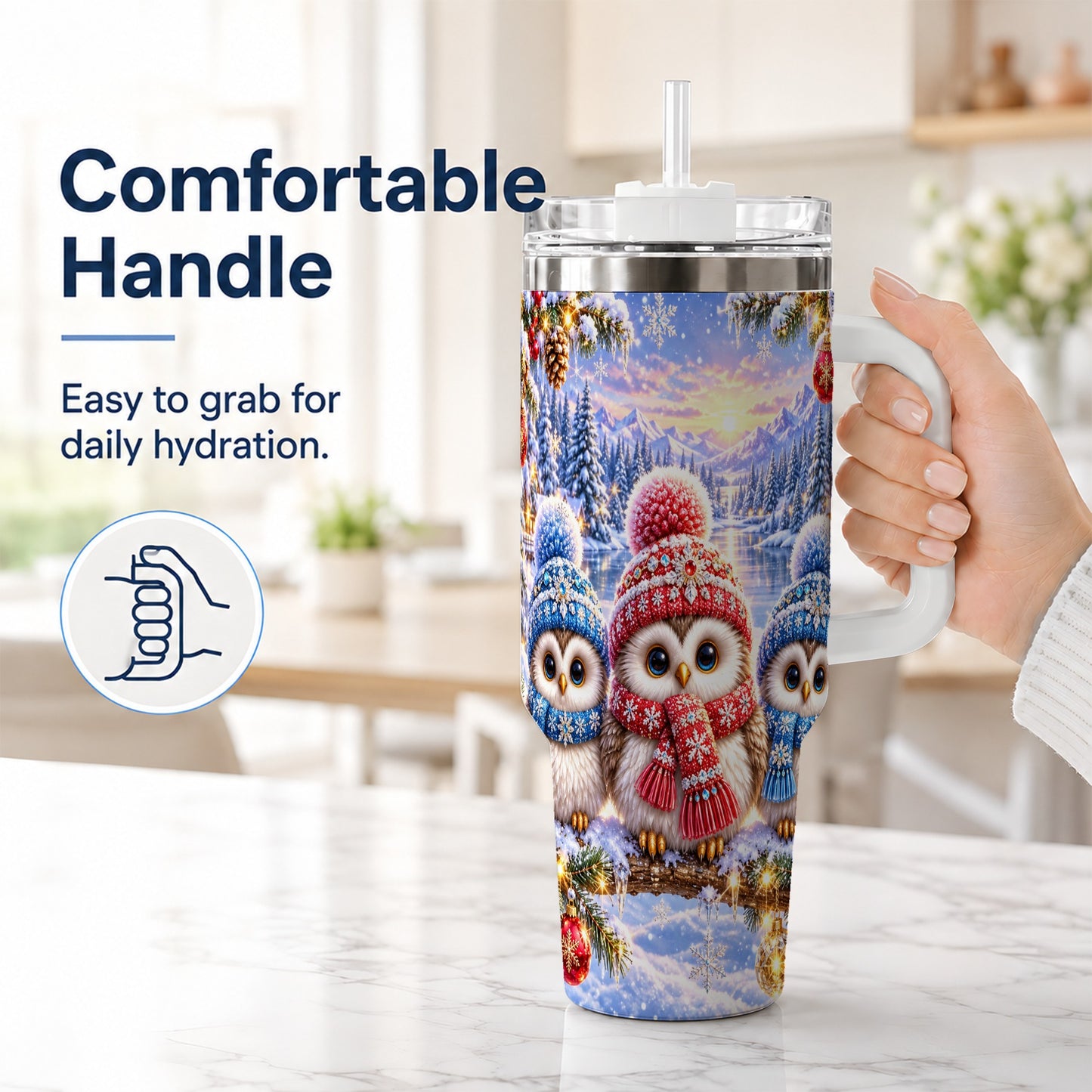 #pl[40oz|White] Christmas Owl Trio 40oz Tumbler with Handle, Winter Stainless Steel Cup