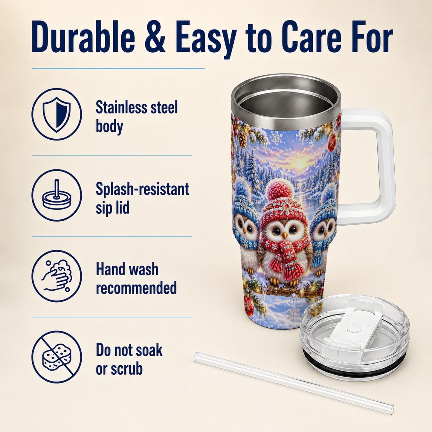 #pl[40oz|White] Christmas Owl Trio 40oz Tumbler with Handle, Winter Stainless Steel Cup