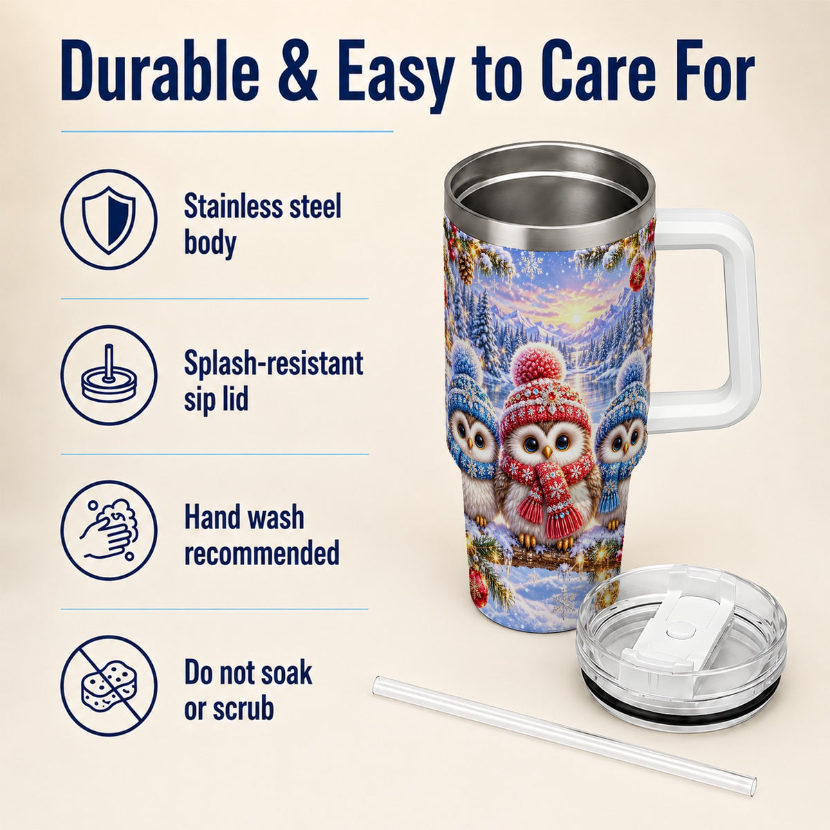 #pl[40oz|White] Christmas Owl Trio 40oz Tumbler with Handle, Winter Stainless Steel Cup