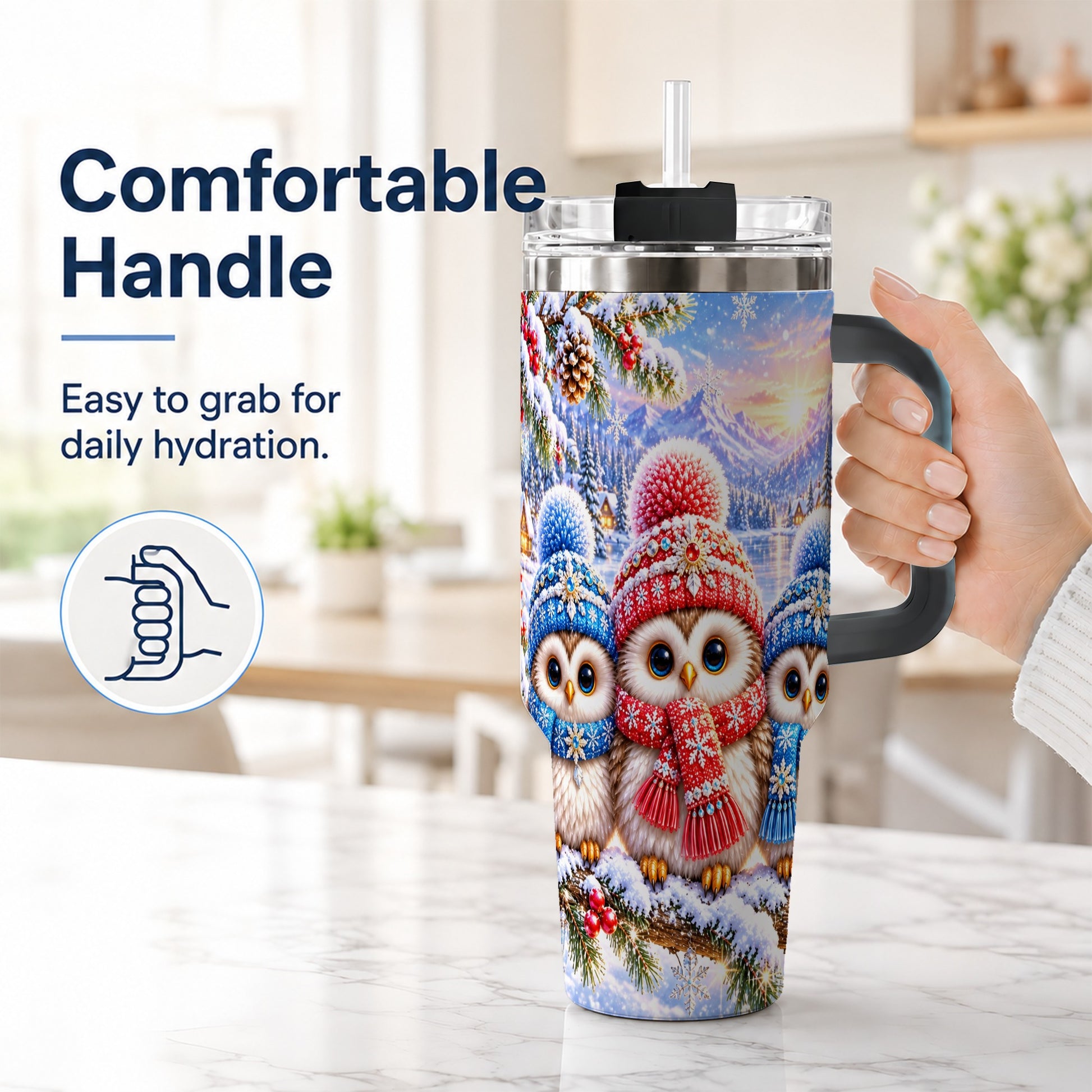#pl[40oz|Black] Winter Owl Trio 40oz Tumbler with Handle, Snowy Stainless Steel Travel Cup