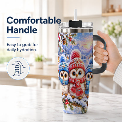 #pl[40oz|Black] Winter Owl Trio 40oz Tumbler with Handle, Snowy Stainless Steel Travel Cup