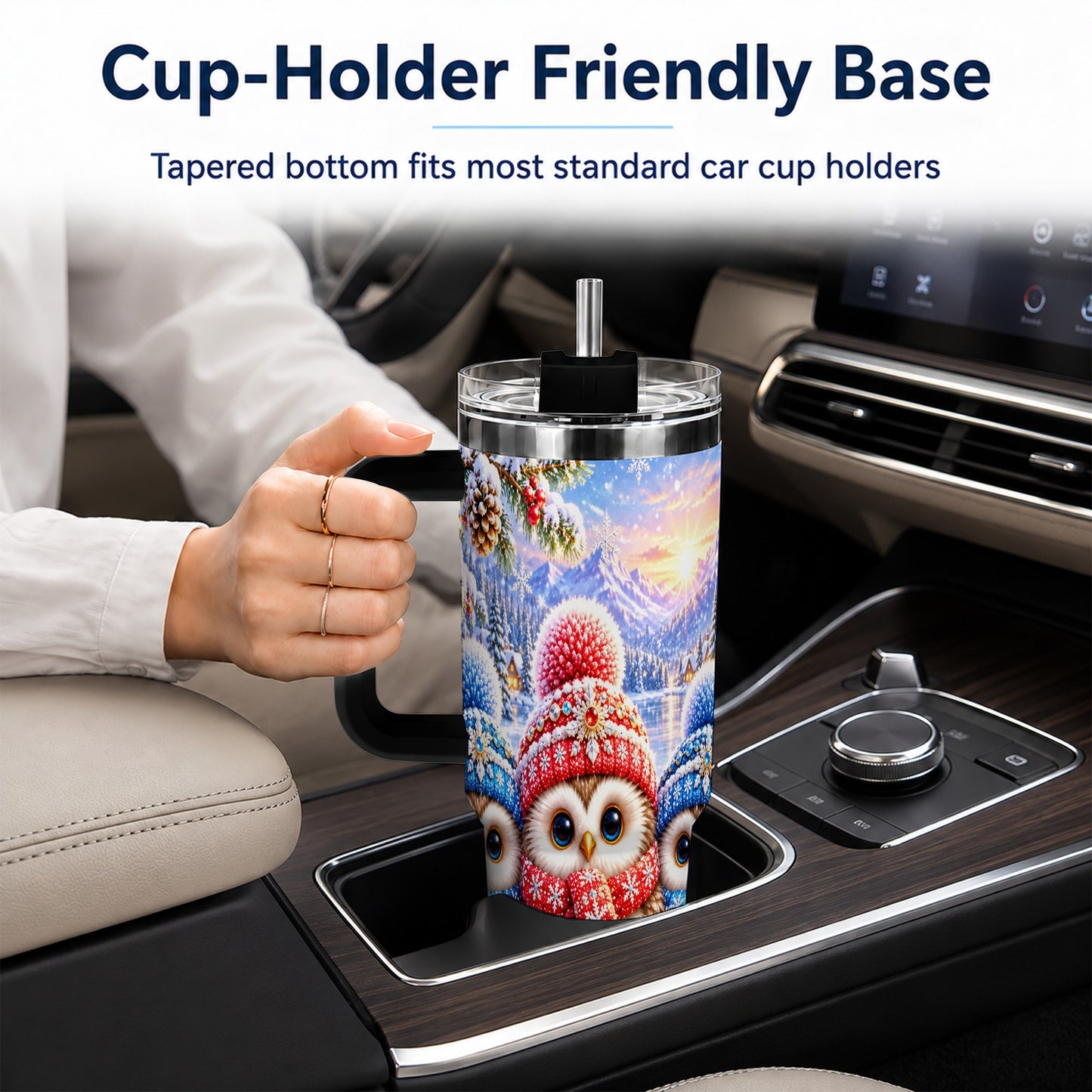 #pl[40oz|Black] Winter Owl Trio 40oz Tumbler with Handle, Snowy Stainless Steel Travel Cup