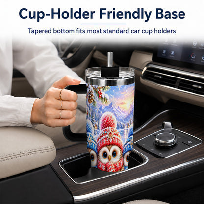 #pl[40oz|Black] Winter Owl Trio 40oz Tumbler with Handle, Snowy Stainless Steel Travel Cup