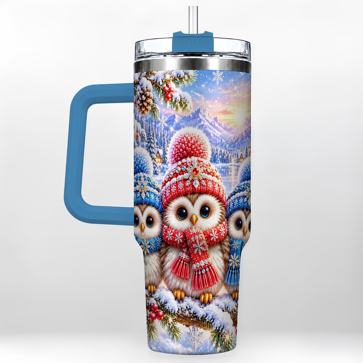 #pl[40oz|Blue] Winter Owl Trio 40oz Tumbler with Handle, Snowy Stainless Steel Travel Cup