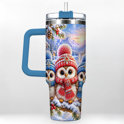 #pl[40oz|Blue] Winter Owl Trio 40oz Tumbler with Handle, Snowy Stainless Steel Travel Cup