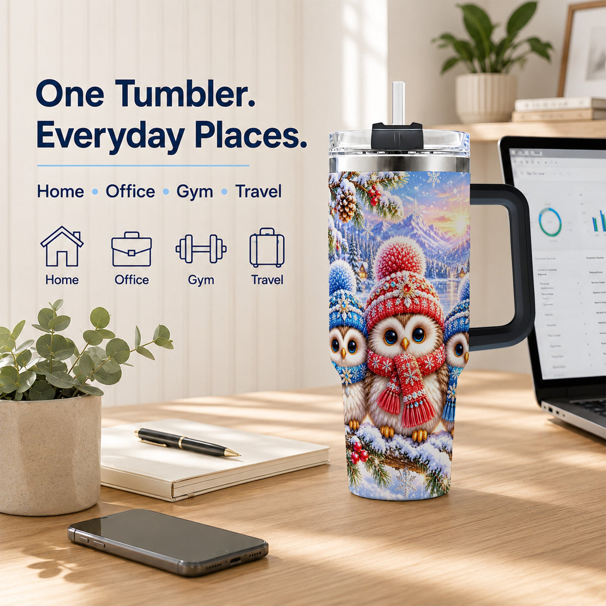 #pl[40oz|Black] Winter Owl Trio 40oz Tumbler with Handle, Snowy Stainless Steel Travel Cup