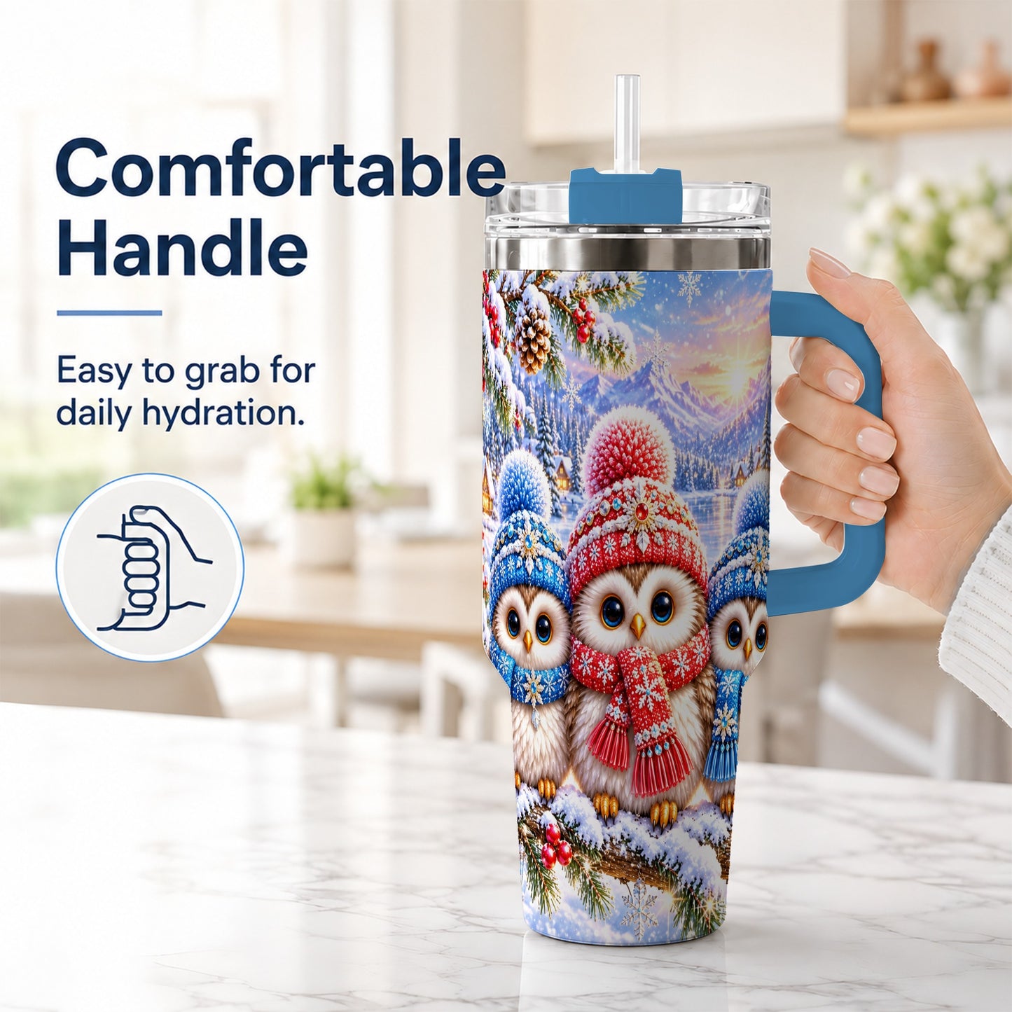 #pl[40oz|Blue] Winter Owl Trio 40oz Tumbler with Handle, Snowy Stainless Steel Travel Cup