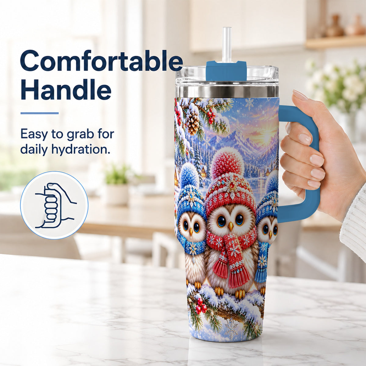 #pl[40oz|Blue] Winter Owl Trio 40oz Tumbler with Handle, Snowy Stainless Steel Travel Cup