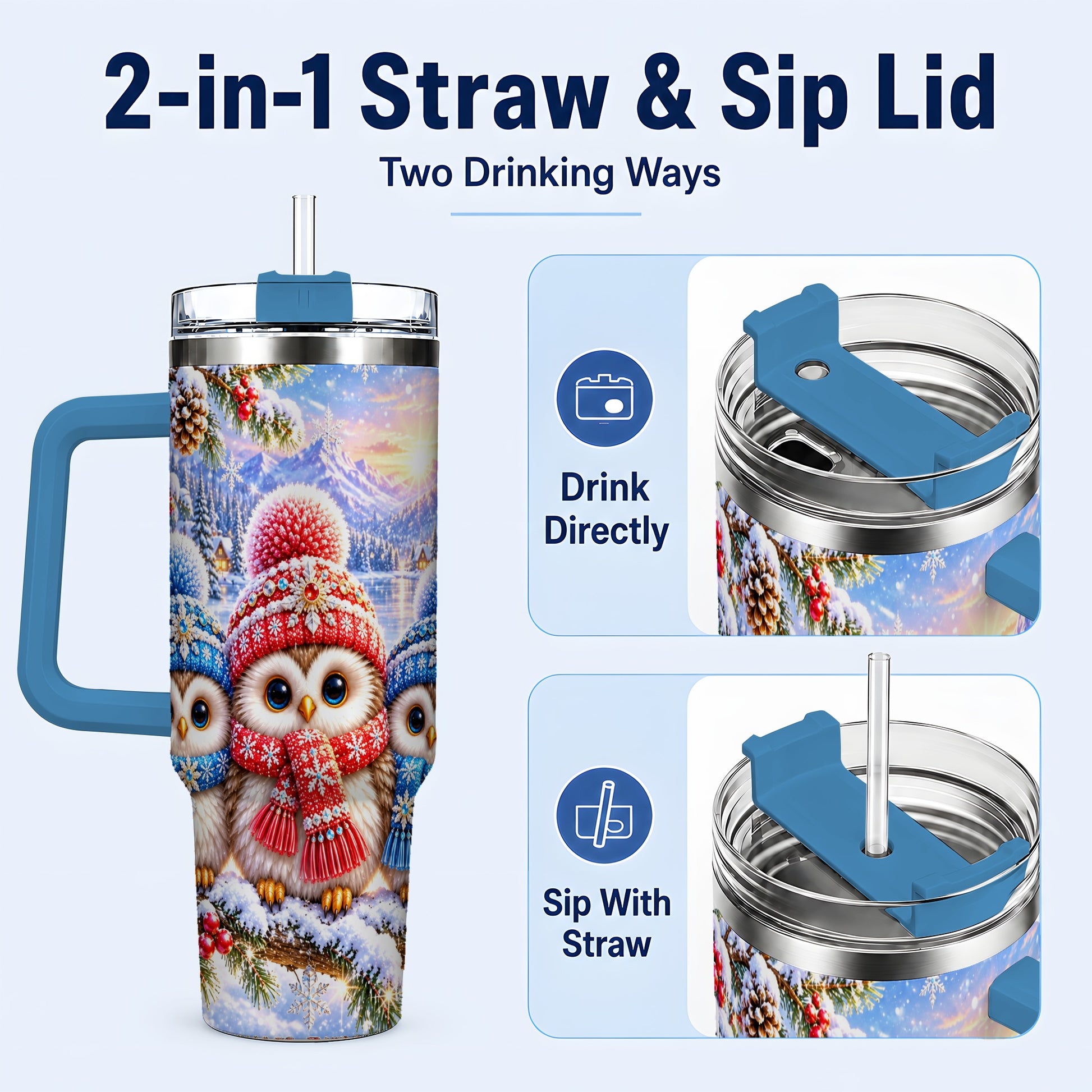 #pl[40oz|Blue] Winter Owl Trio 40oz Tumbler with Handle, Snowy Stainless Steel Travel Cup