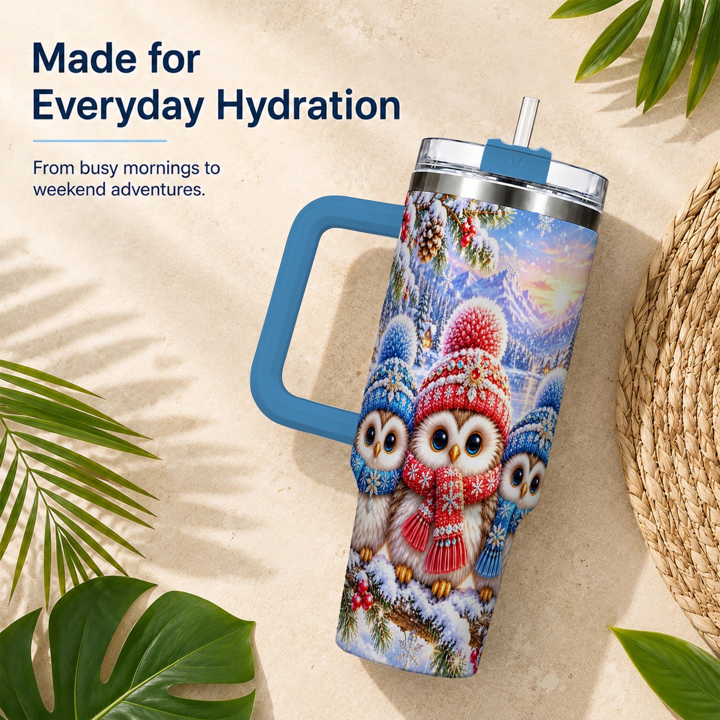 #pl[40oz|Blue] Winter Owl Trio 40oz Tumbler with Handle, Snowy Stainless Steel Travel Cup