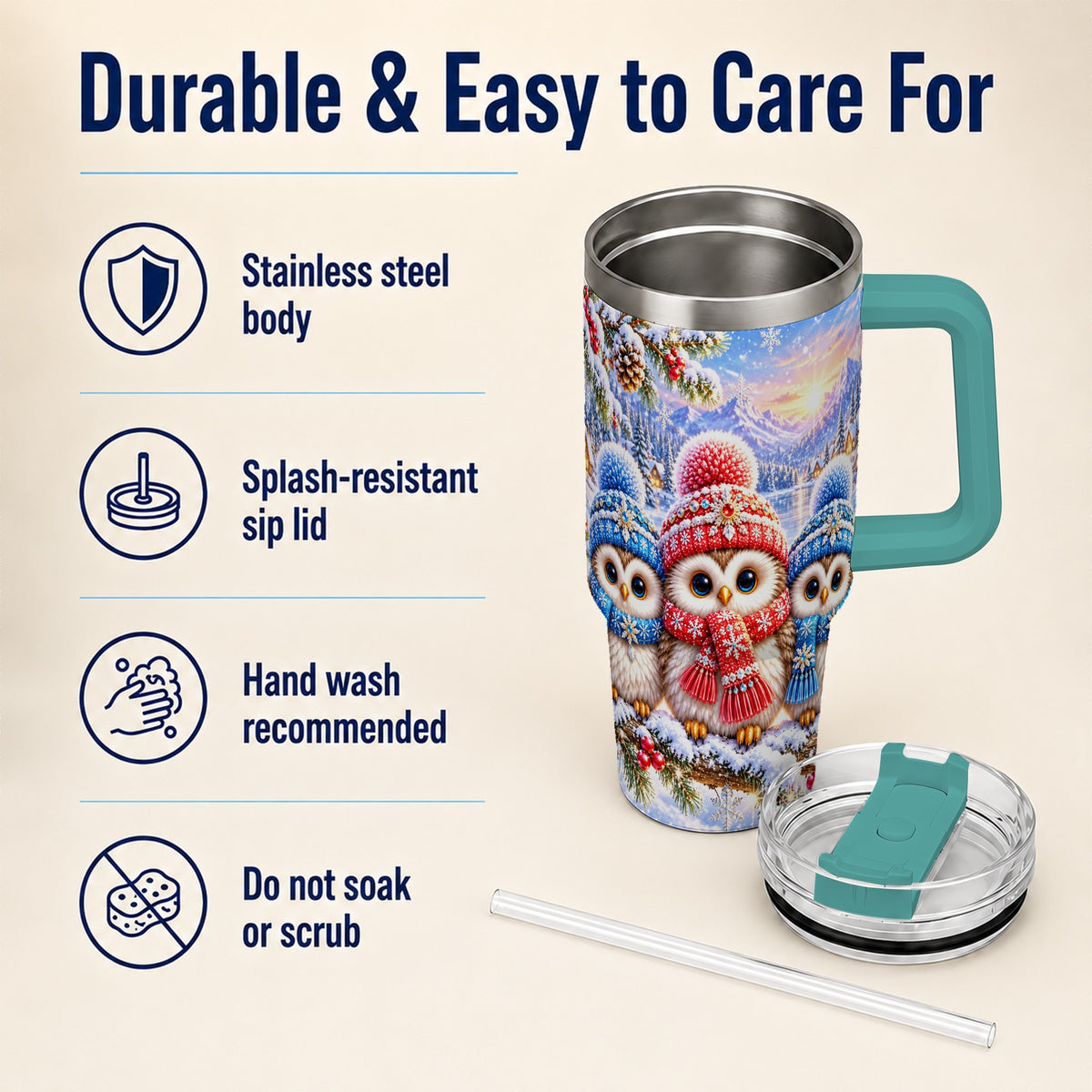 #pl[40oz|Green] Winter Owl Trio 40oz Tumbler with Handle, Snowy Stainless Steel Travel Cup