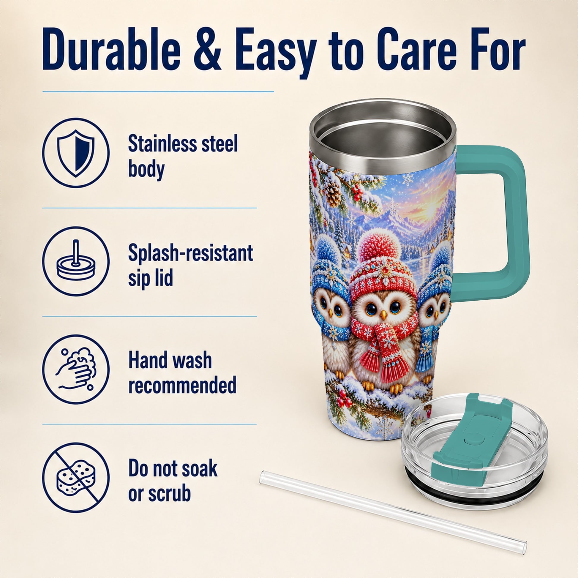 #pl[40oz|Green] Winter Owl Trio 40oz Tumbler with Handle, Snowy Stainless Steel Travel Cup
