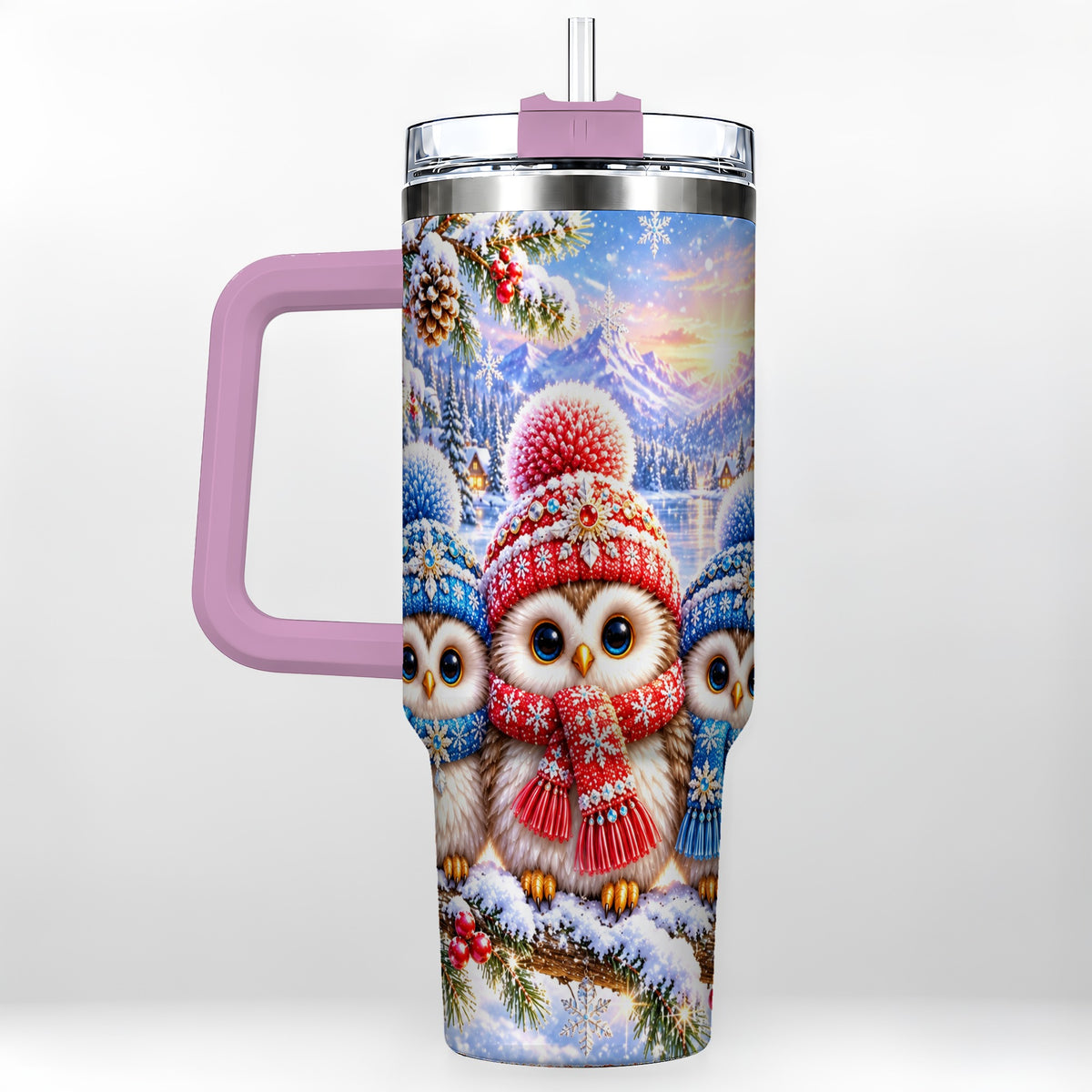 #pl[40oz|Pink] Winter Owl Trio 40oz Tumbler with Handle, Snowy Stainless Steel Travel Cup