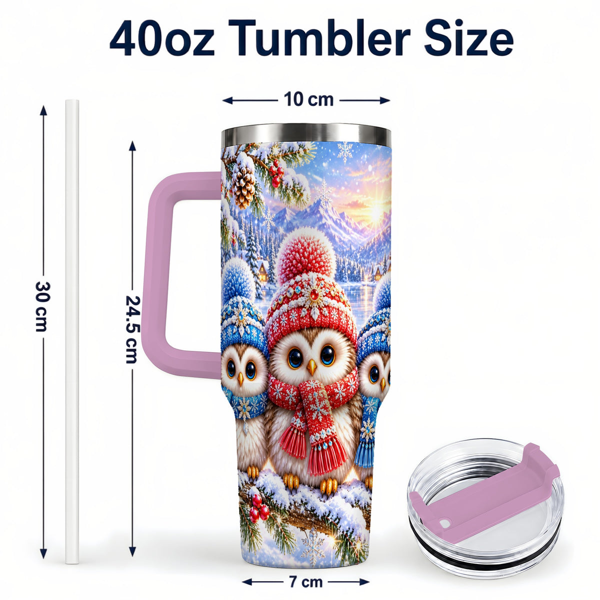 #pl[40oz|Pink] Winter Owl Trio 40oz Tumbler with Handle, Snowy Stainless Steel Travel Cup