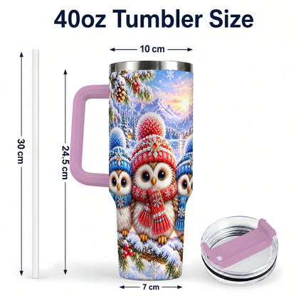 #pl[40oz|Pink] Winter Owl Trio 40oz Tumbler with Handle, Snowy Stainless Steel Travel Cup
