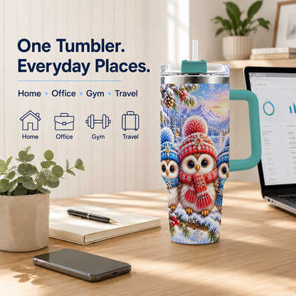#pl[40oz|Green] Winter Owl Trio 40oz Tumbler with Handle, Snowy Stainless Steel Travel Cup